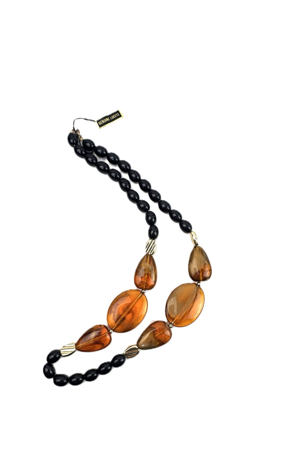 Chunky Lucite Beads Faux Amber and Black, Necklace 24″ Vintage 80s