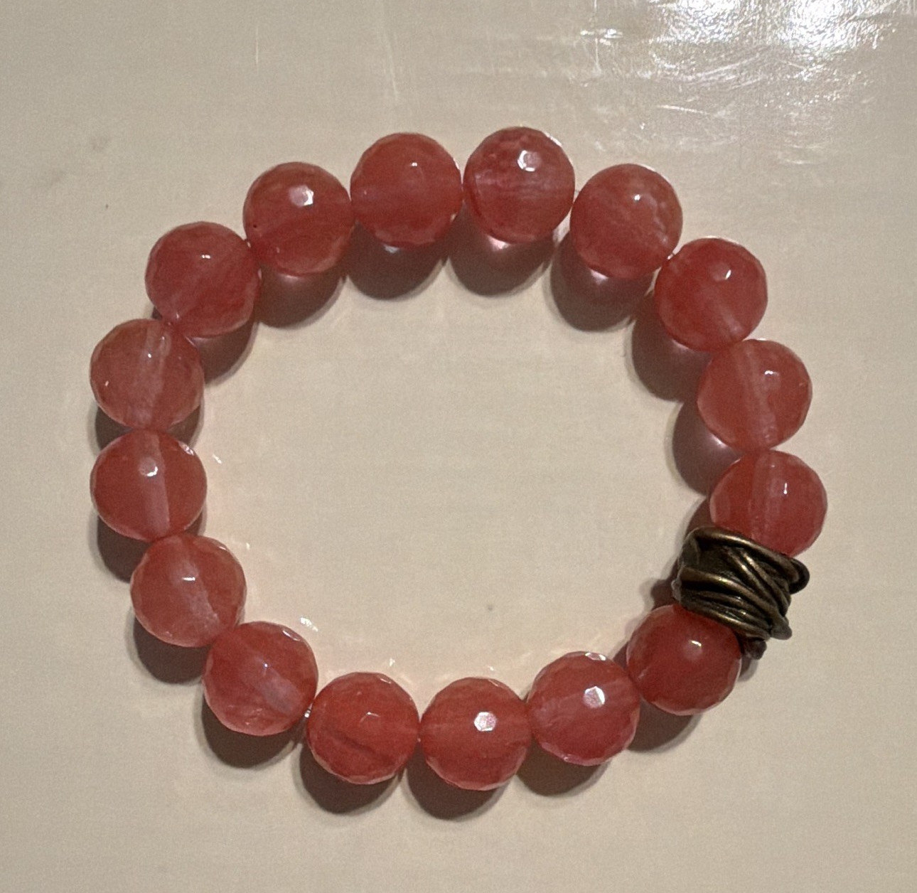 Pink Stone Beaded Stretch Adjustable Bracelet Round Beads Metal Spacer Charm