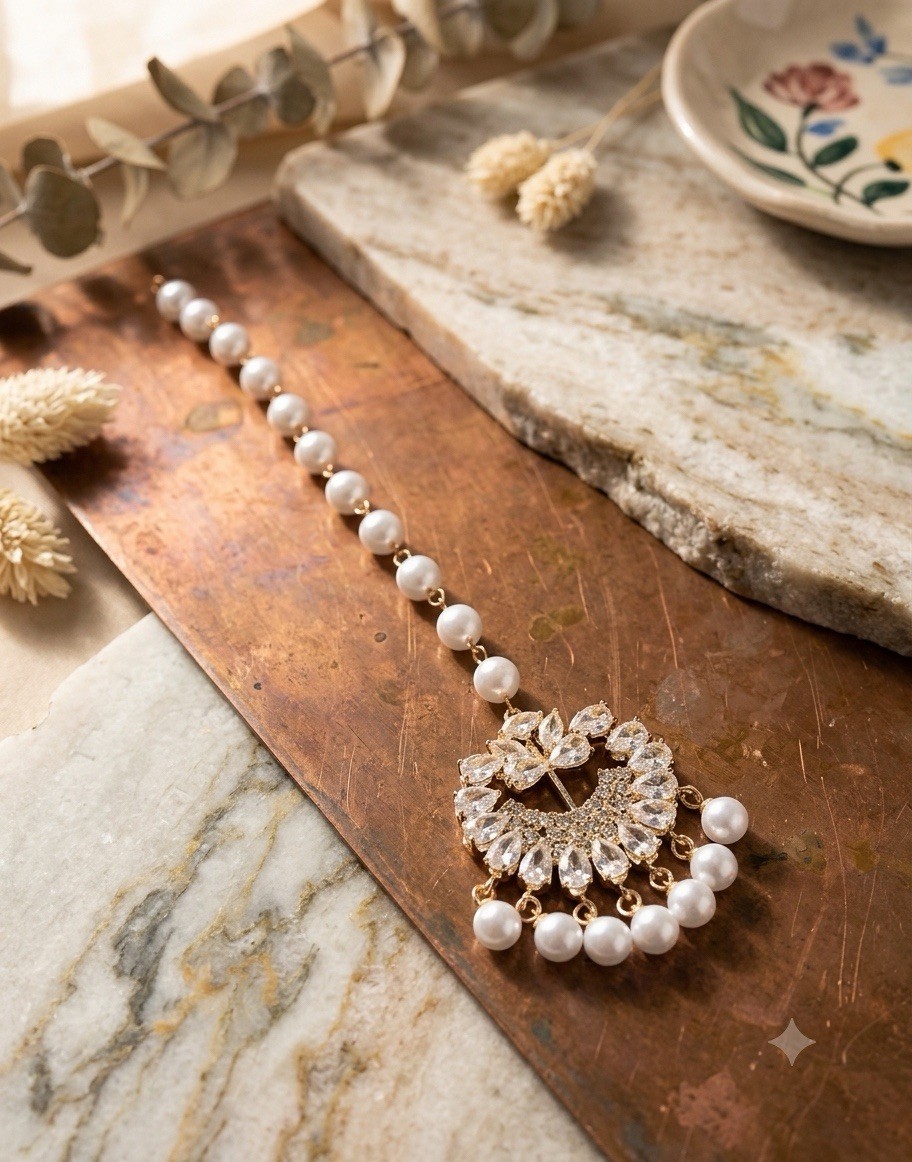 Women Traditional maang tikka Diamond And Pearls Tassels Lightweight Gold Plated
