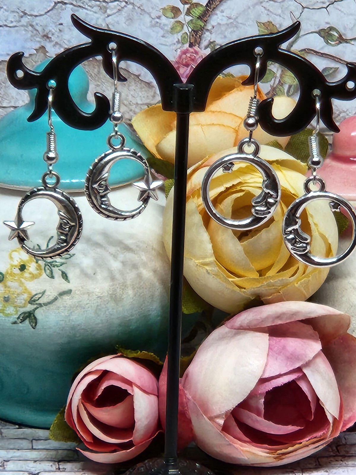 Moon Star Earrings Moon Face Crescent Silver Hook Dangle Earrings FREE SHIPPING