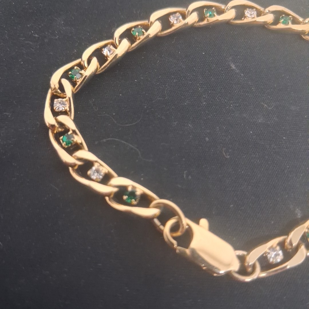 Vintage Gold Tone Mariner Link Bracelet Green Clear Crystal Accents No Stamp…