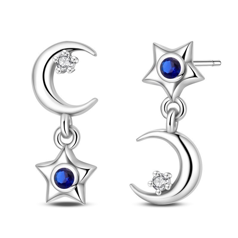 PANDACH 25 Sterling Silver Asymmetric Star & Moon Stud Earrings For Women Gifts