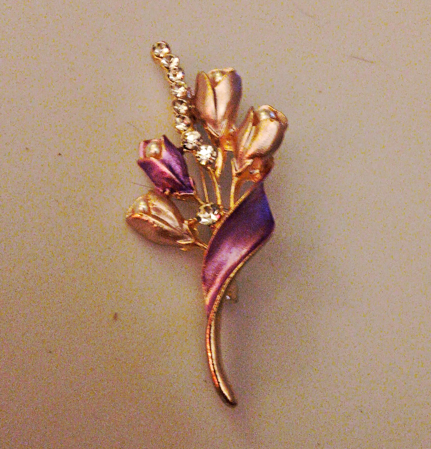 Purple Enamel Flower Spray Pin Brooch CZ Round Stones