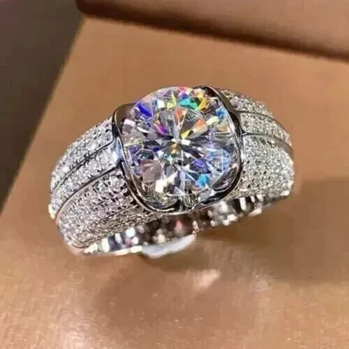 3CT Round Cut Real Moissanite Engagement Men’s Ring 14K White Gold Plated Silver