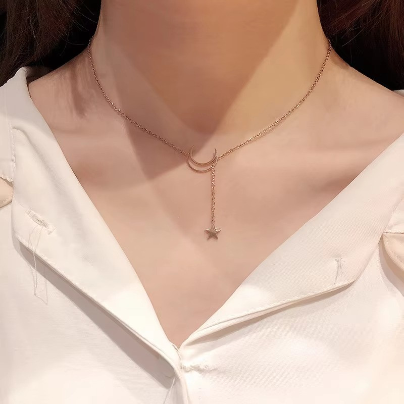 Elegant Moon Star Pendant Choker Necklace Gold Color Alloy Chain Party Jewelry