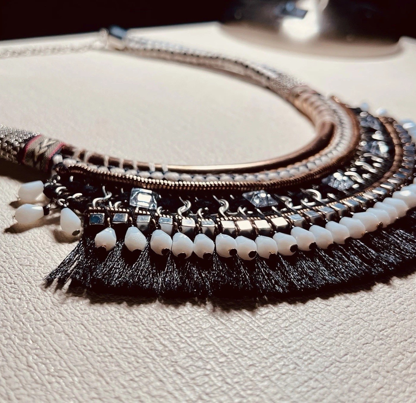 Chicos Bold Boho Necklace Tribal Style Bead and Fringe Layered Design Woven Cord