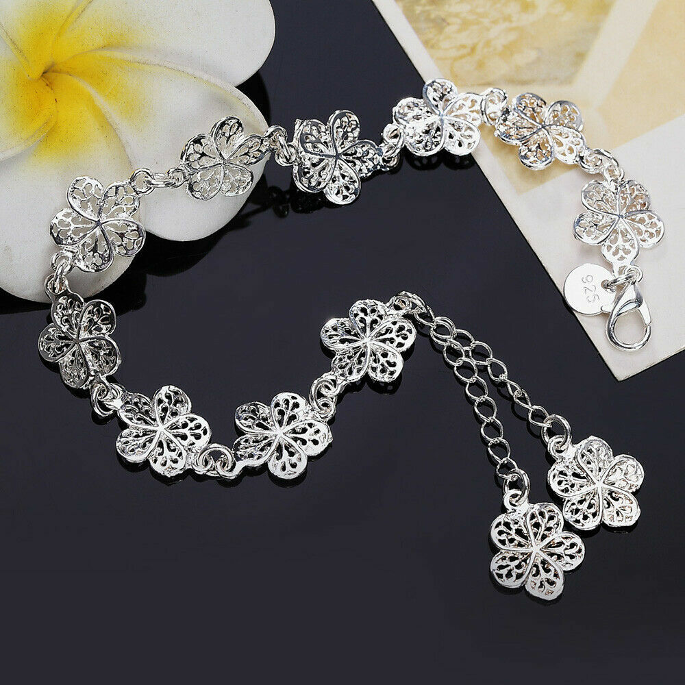 Elegant Unique 925 Sterling Silver New Women Fashion Flower Style 8.5″ Bracelet