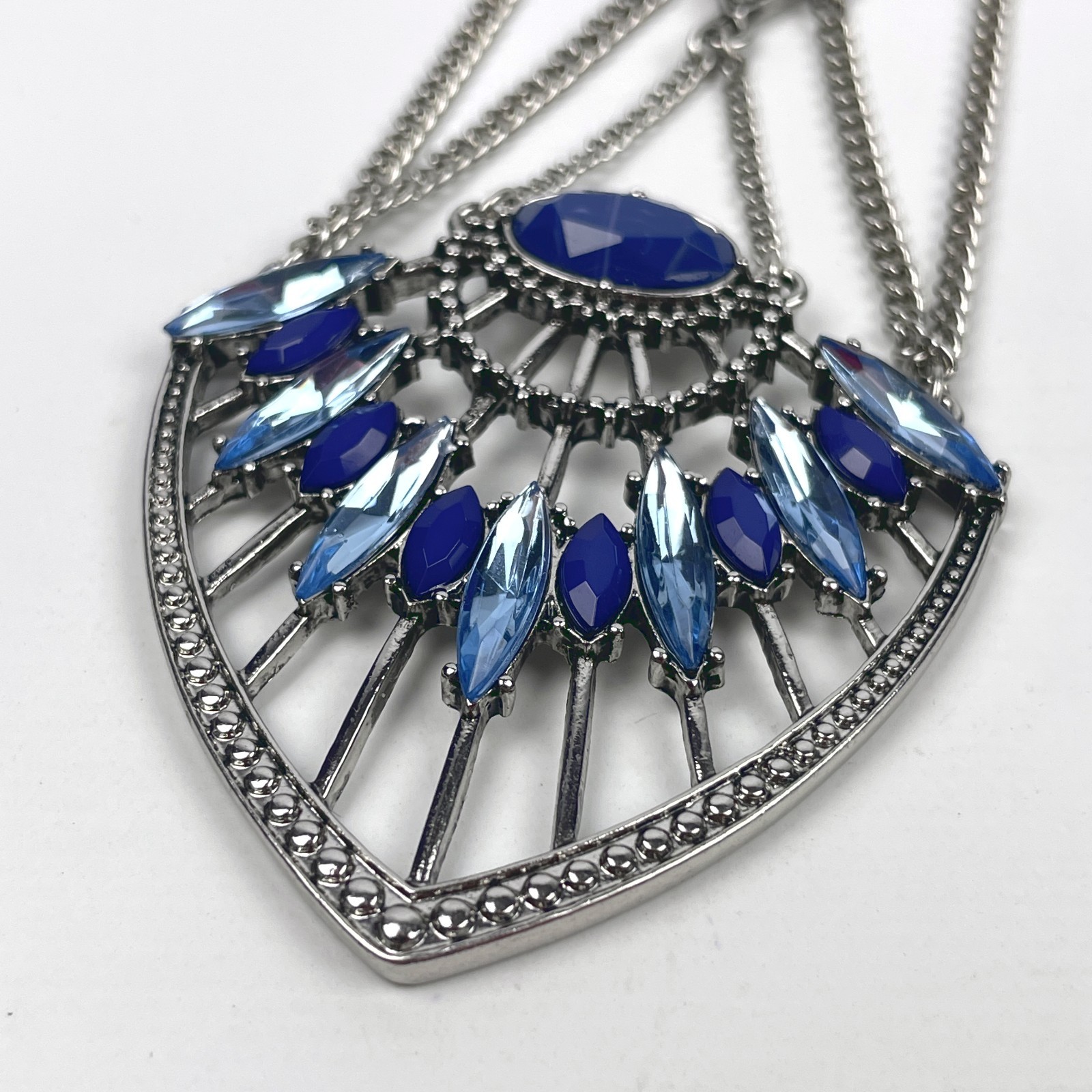 Blue Rhinestone Statement Pendant 23″ Necklace Multi Layer Cable Chain Boho