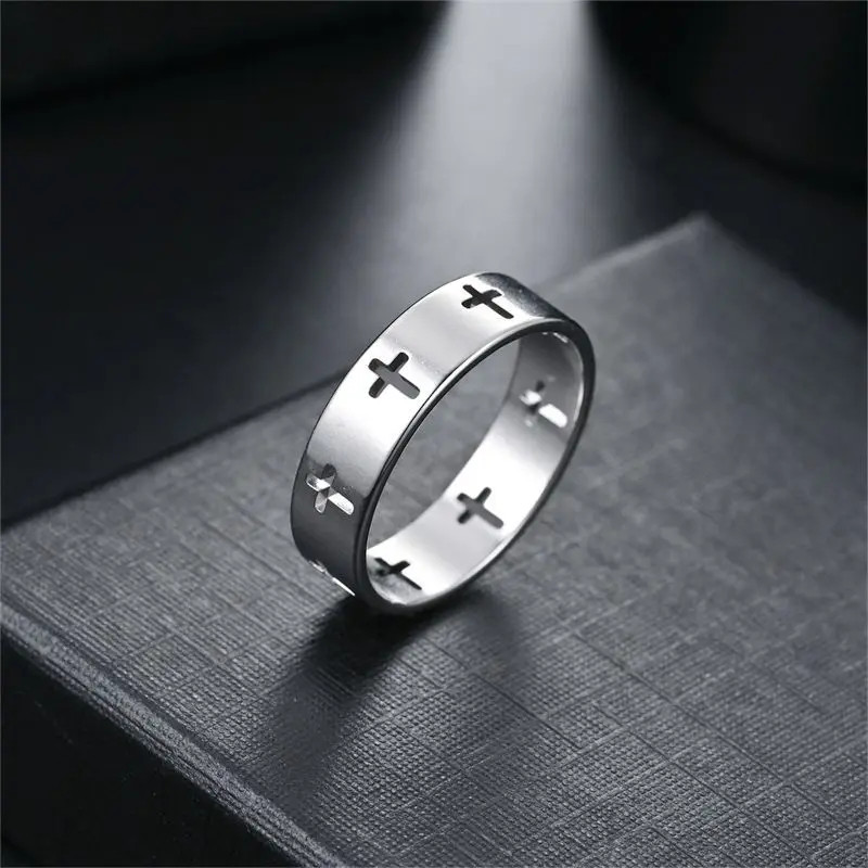 Stainless Steel Cross Hollow Ring Gold Color Cutout Band Wedding Style Rings