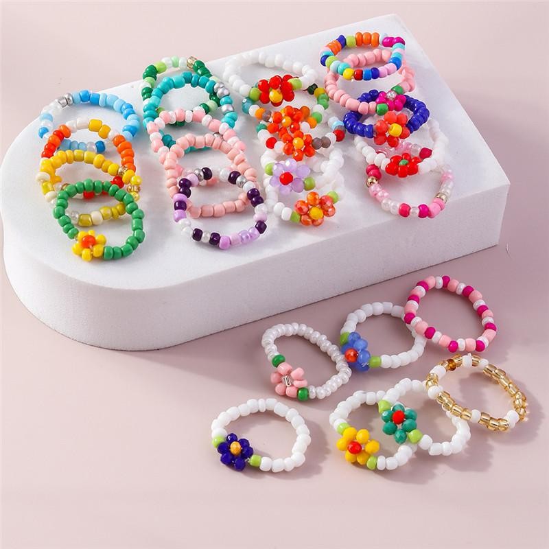 Bohemian Handmade Colorful Flower Beaded Ring Set for Women Beach Jewelry Gift