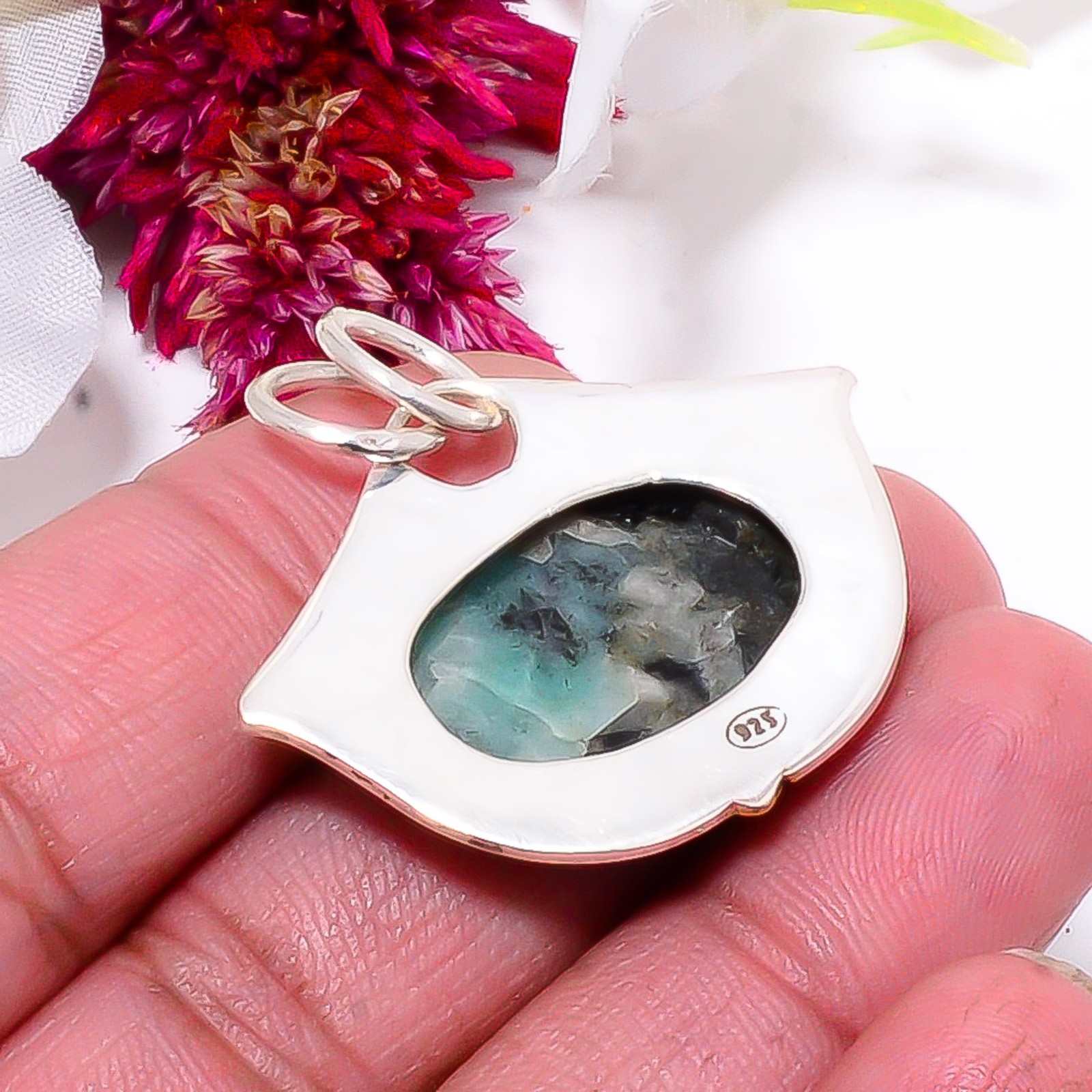 Emerald – Simulated 925 Sterling Silver Two Tone Designer Pendant 1.40″ Sku12