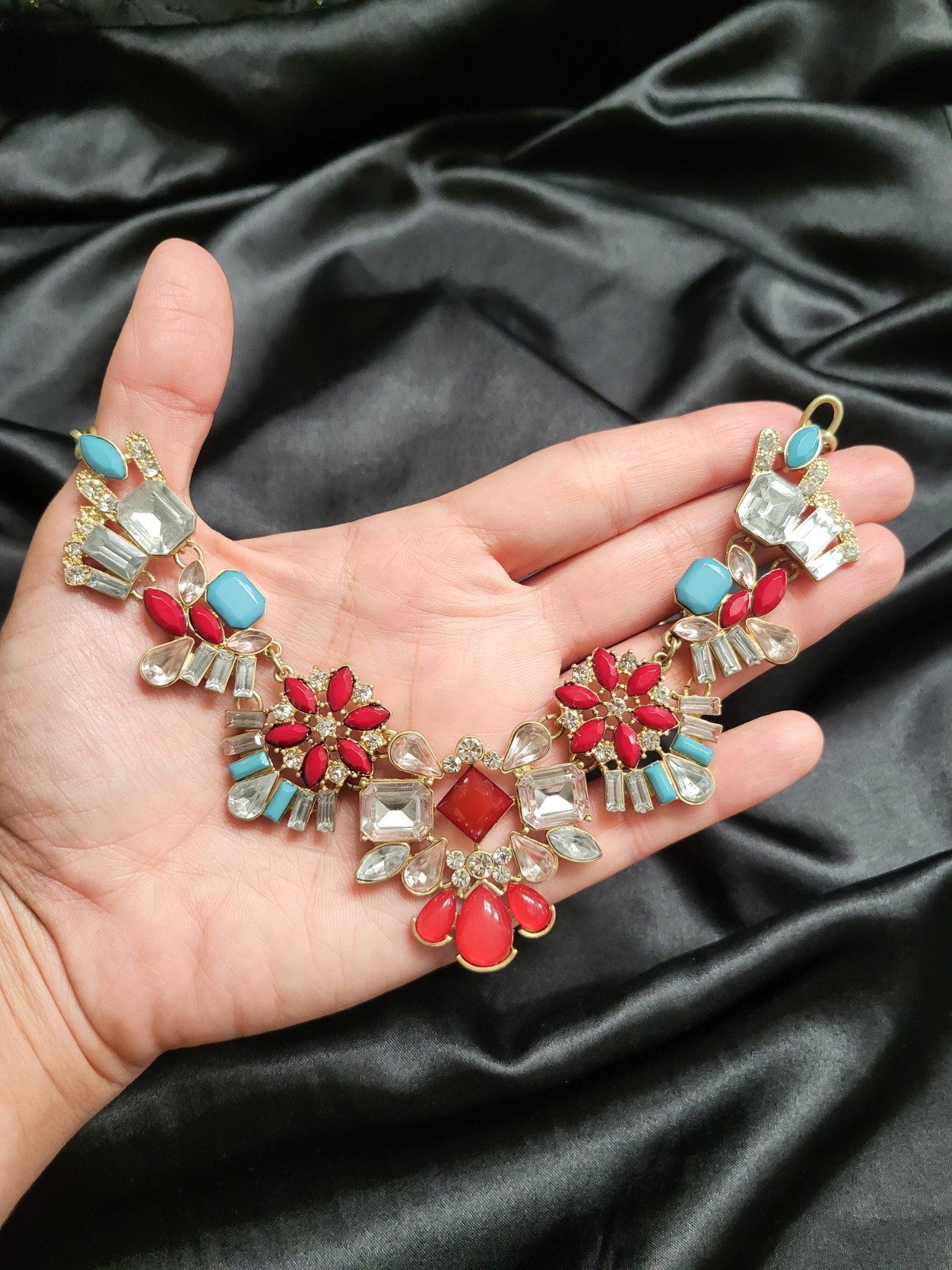 Vibrant Floral Bib Statement Necklace Gold Tone, Red & Turquoise colored stones