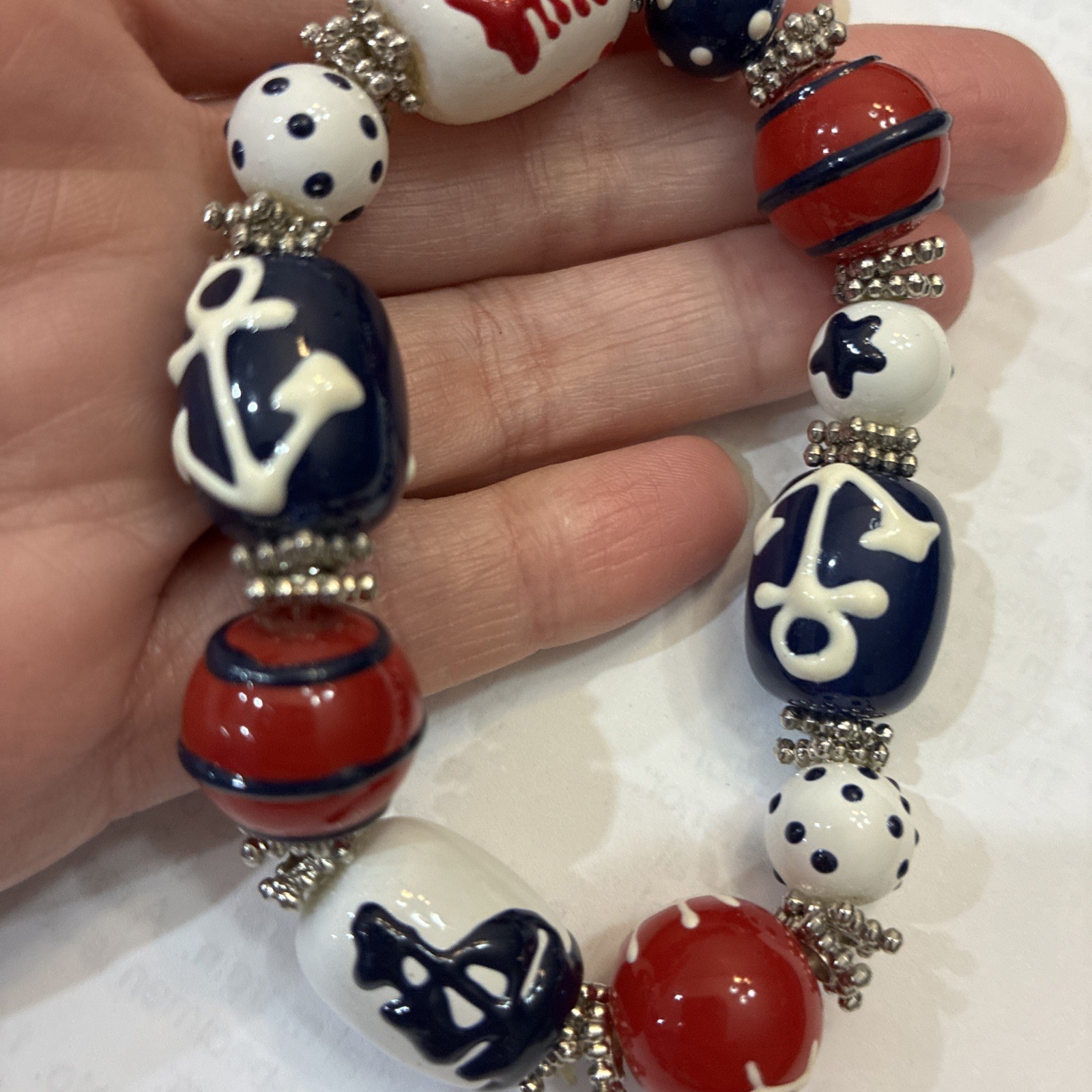 Handmade Nautical Stretch Bracelet Red White Blue Anchor Ocean Beach Theme
