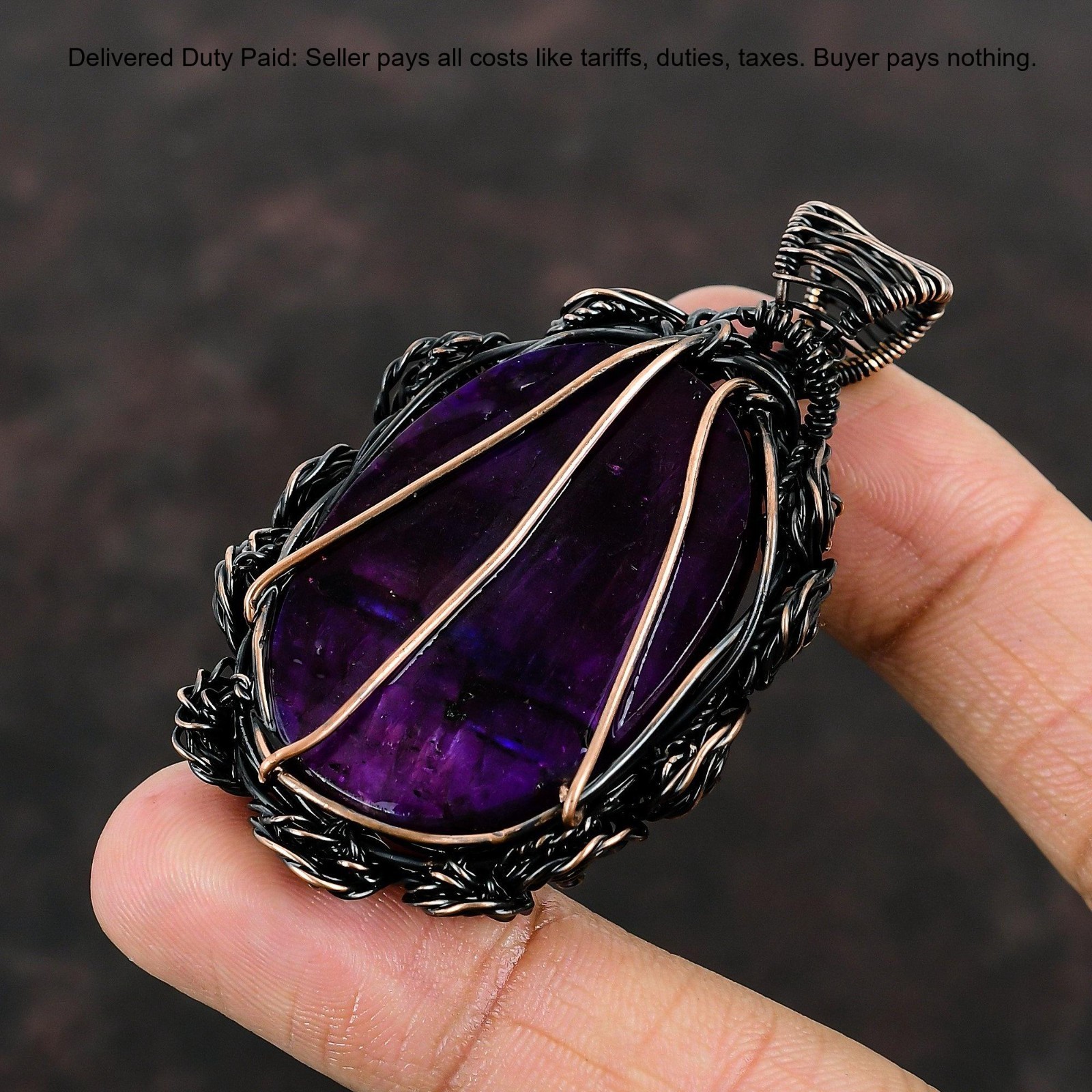 Pink Fire Labradorite Gemstone Flower And Wire Wrapped Pendant Jewelry Copper