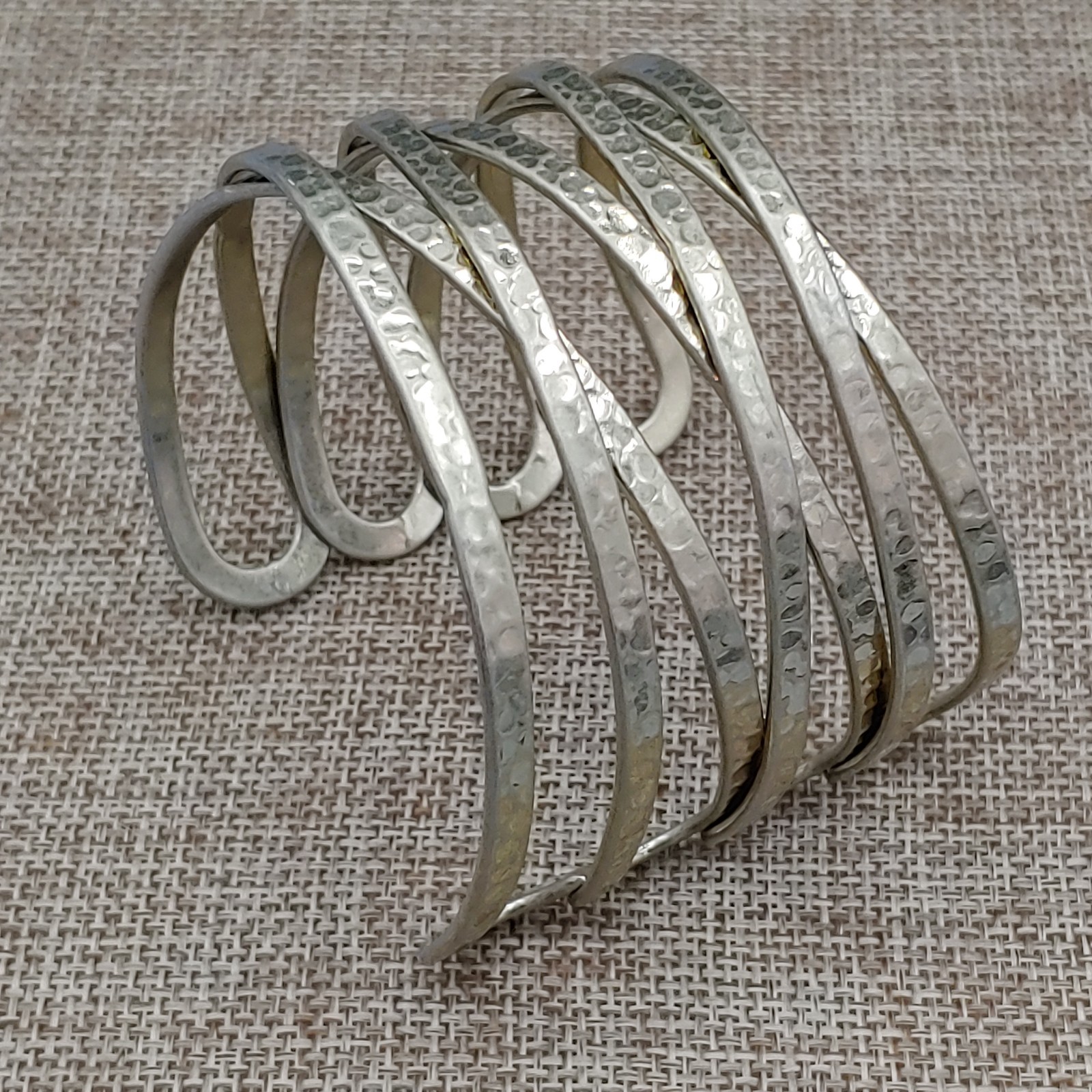 Cuff Hammered Bracelet Wide Gold Tone Metal Open “X” Cross Weave Statement 7″