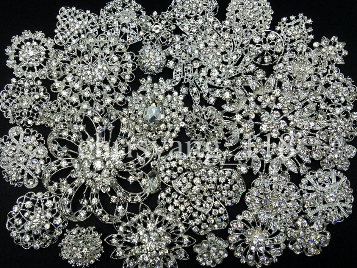 Lot32 Bulk Alloy Silver Rhinestone Crystal Flower Brooches Pins DIY Bouquet
