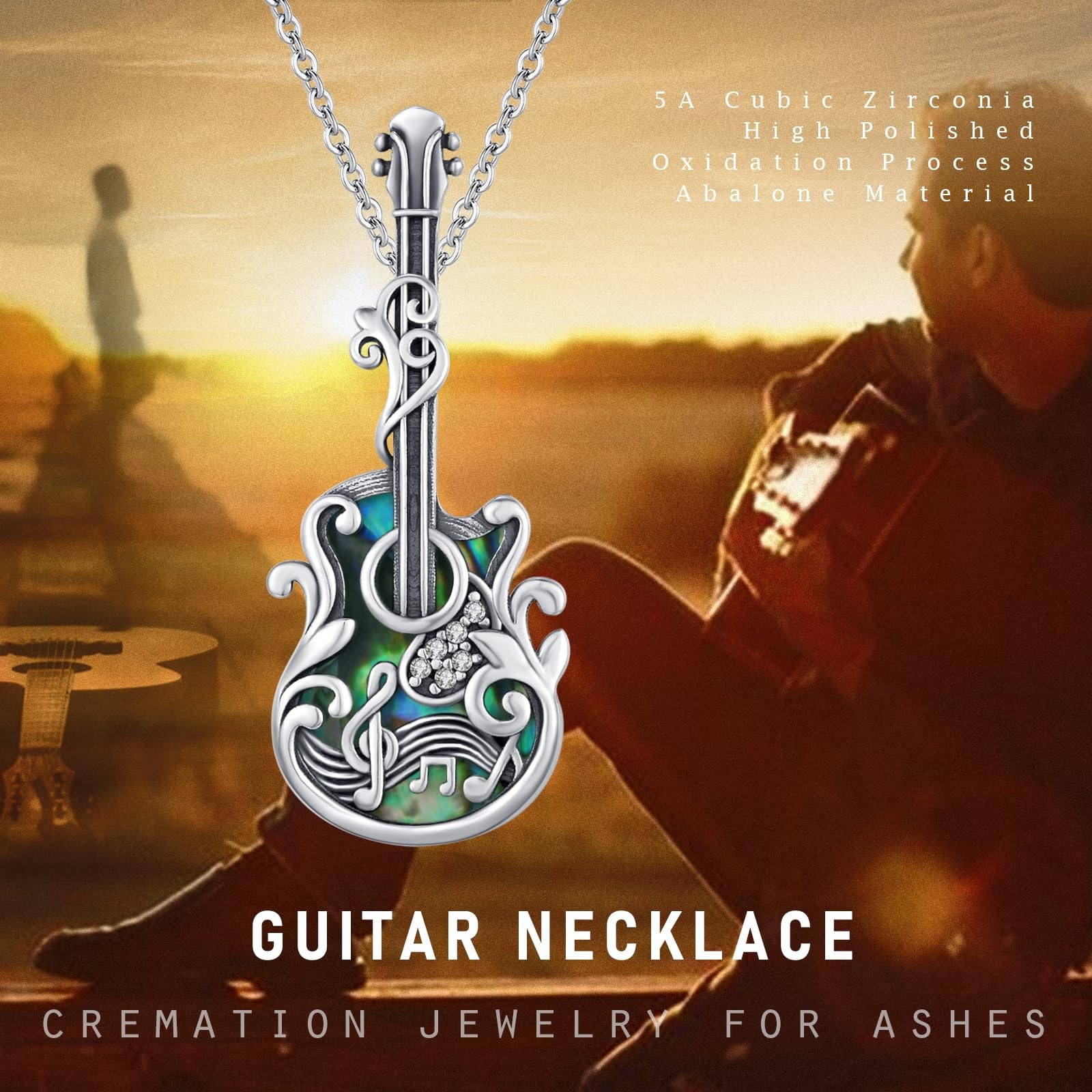 XIXLES Guitar Urn Necklace 925 Sterling Silver Guitar Cremation Pendants