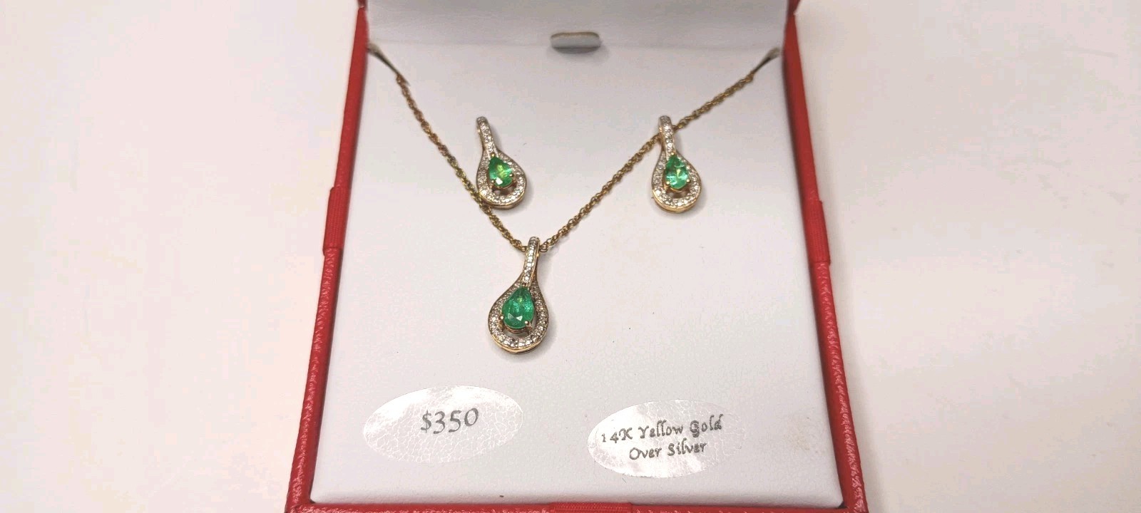 Necklace Earrings Set Bridge Gemstone Emerald 5/8 CT 14k Yellow Gold Over Silver