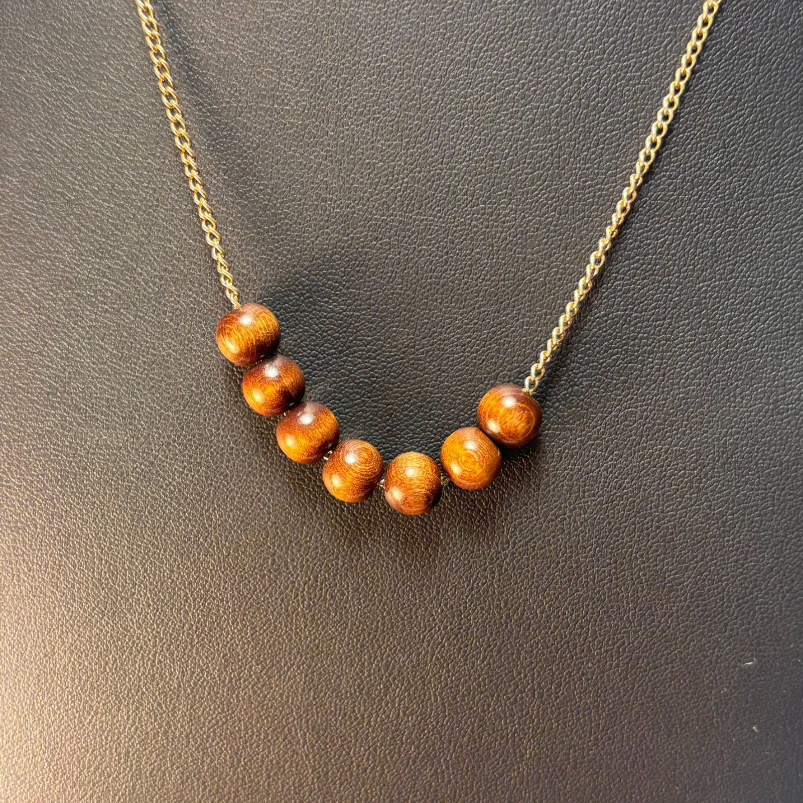 Emmons Necklace Brown Wood Bead Gold Tone Curb Chain Vintage Boho