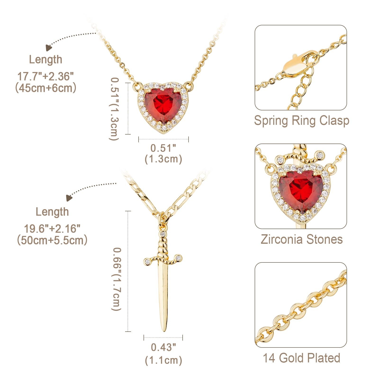 Couples Matching Necklace Set – 14K Gold/Silver Plated Sword & Heart Pendants, D