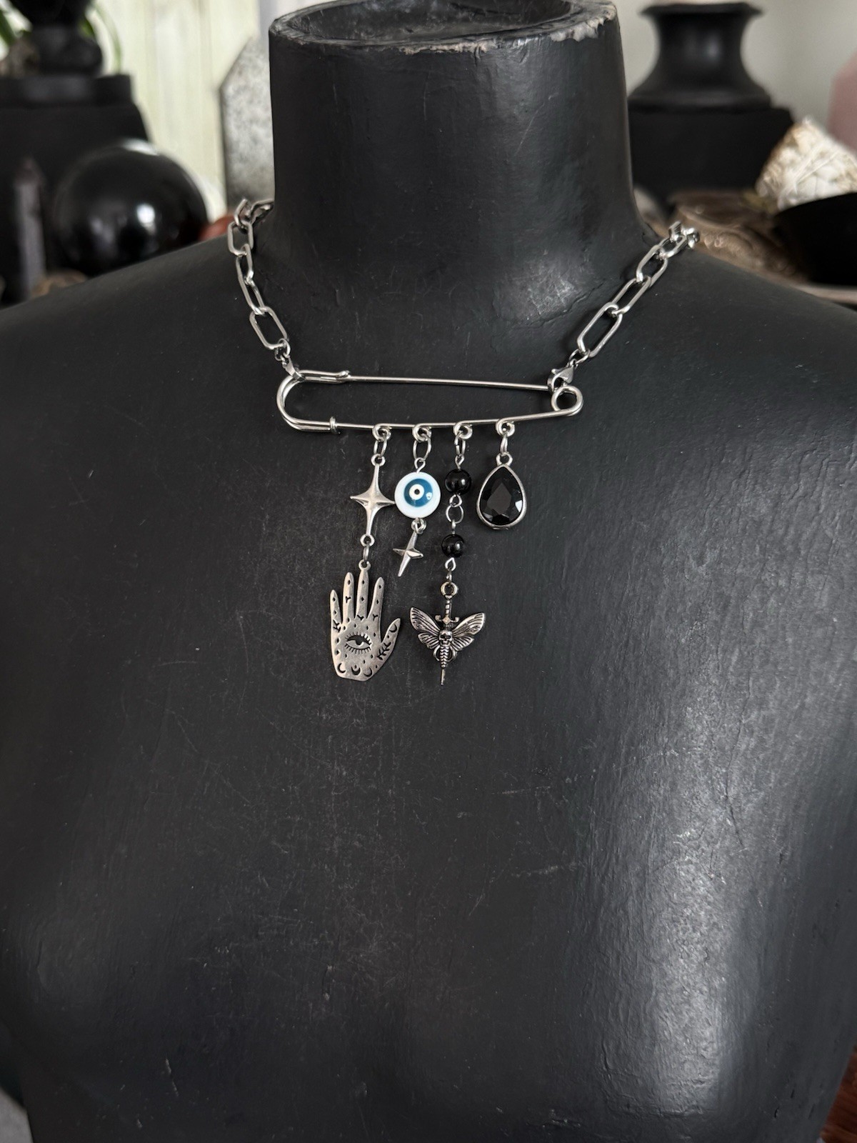 Protection Necklace Large Safety Pin Pendant Dangle Charm Charms brooch witchy