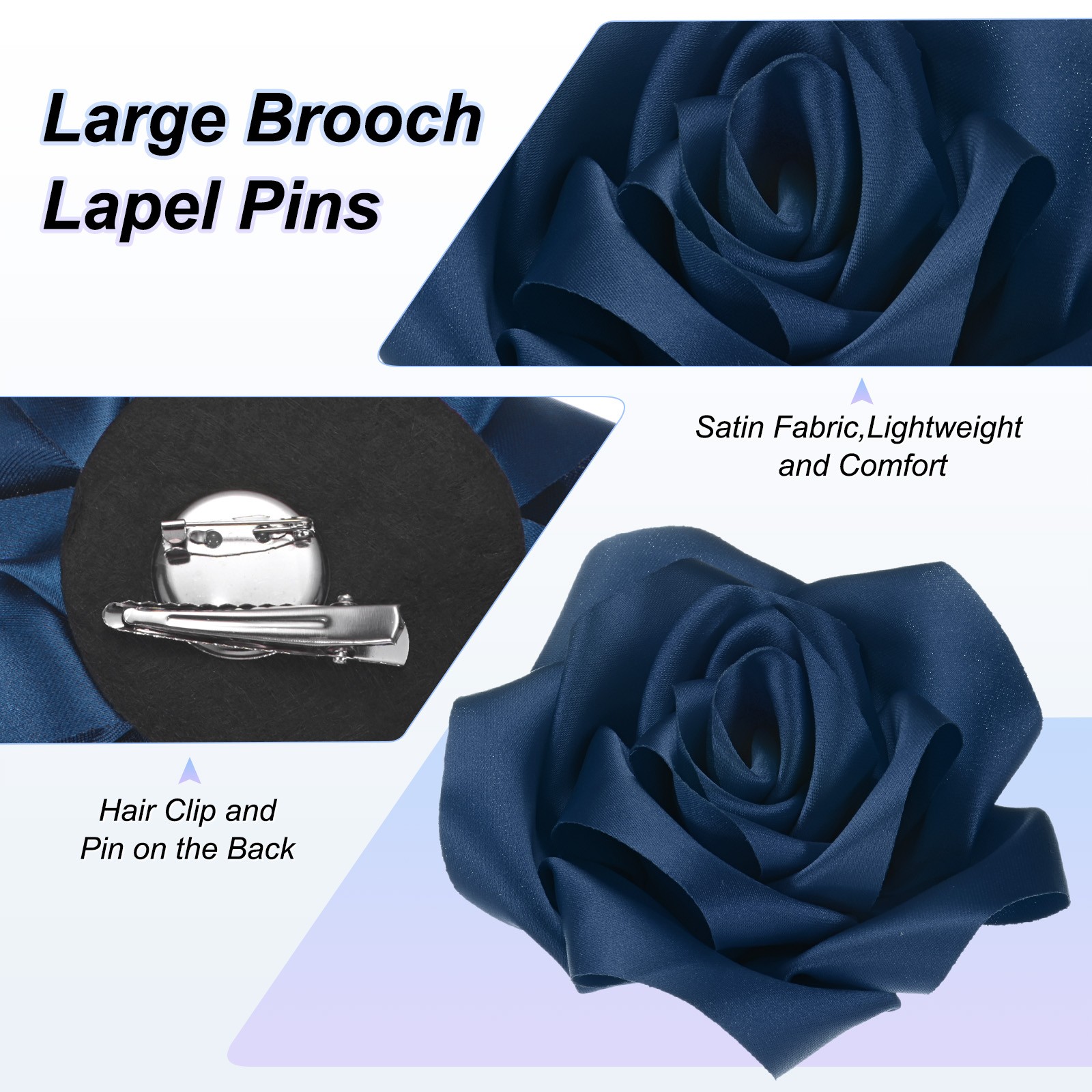 New Large Satin Rose Flower Lapel Pin Brooches for Women [11cm, Navy Blue]