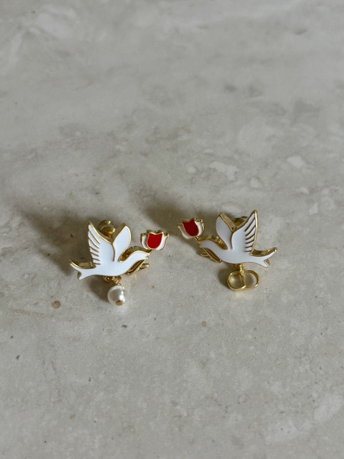 Dior Dioramour Doves & Roses Gold Plated and White Resin Pearl Earrings