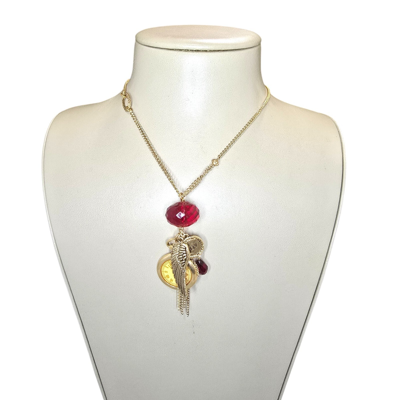 Stephan & Co Women’s Gold Plated Trendy Red Charm Clock, Joy Necklace NWT