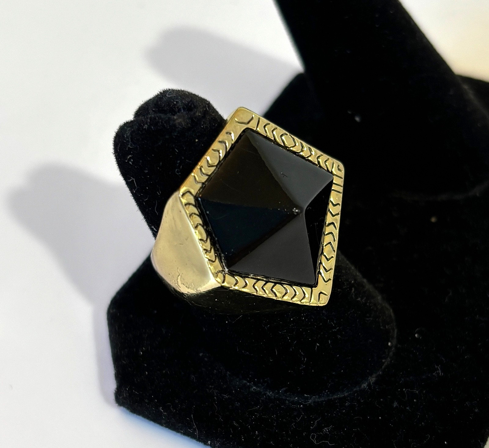 House of Harlow 14k Gold Plated Designer Ring Sz 7 Black Onyx Abstract Pentagon