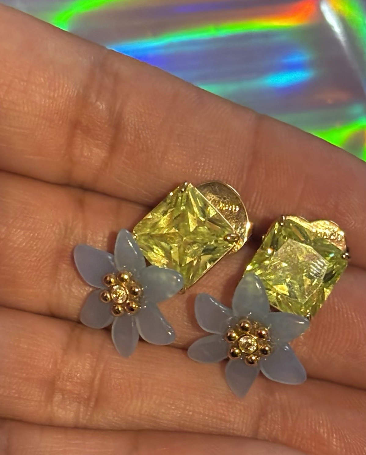 Yellow Cushion Crystal & Blue Flower Stud Earrings Butterfly Back Closure