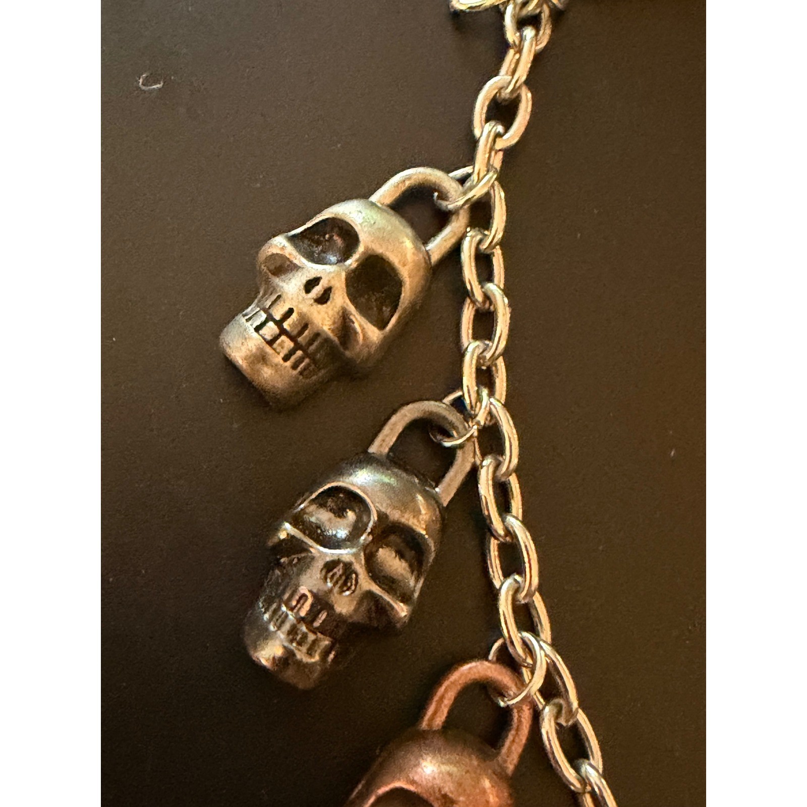 Mixed Metal Skull Padlock Charm Bracelet Silver Gold Copper Gothic Biker 8.5in