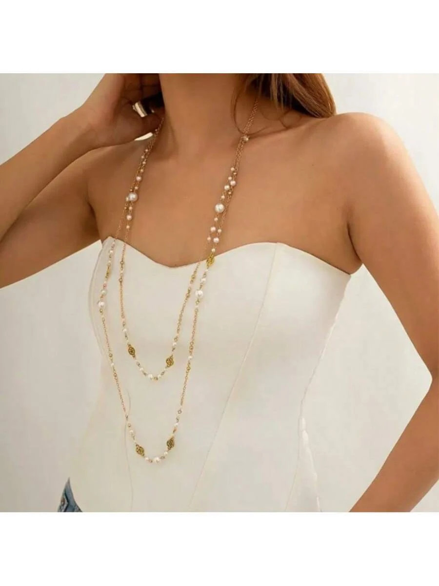 2pcs Layered Long Necklace Women Party Wedding Chain Jewelry Set