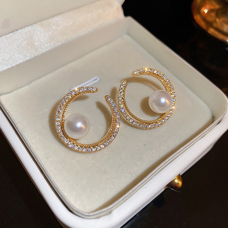 Sparkling Clear CZ Pavé C-shaped & White Pearl Golden Stud Earrings