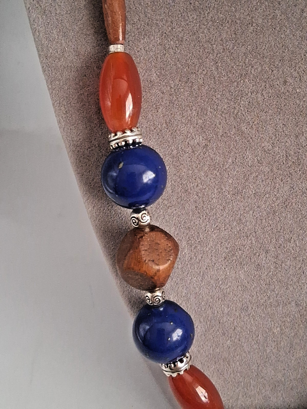NWT Brighton SOL Carnelian, Blue Lapis Wood Beaded Silver Plated Necklace 18-30″