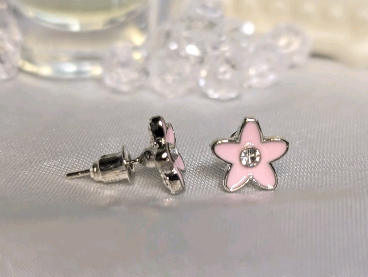 NEW Earrings Pink Flower With Clear Rhinestone Sterling Silver Studs Earrings