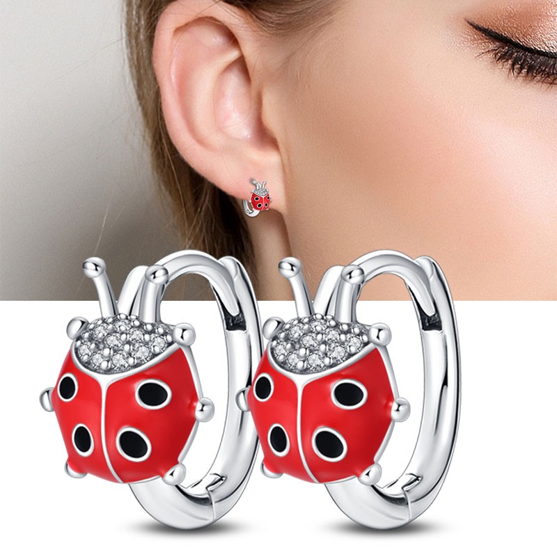 PANDACH 925 Sterling Silver Madonna Ladybug Huggie Earrings For Women Hoops Gift