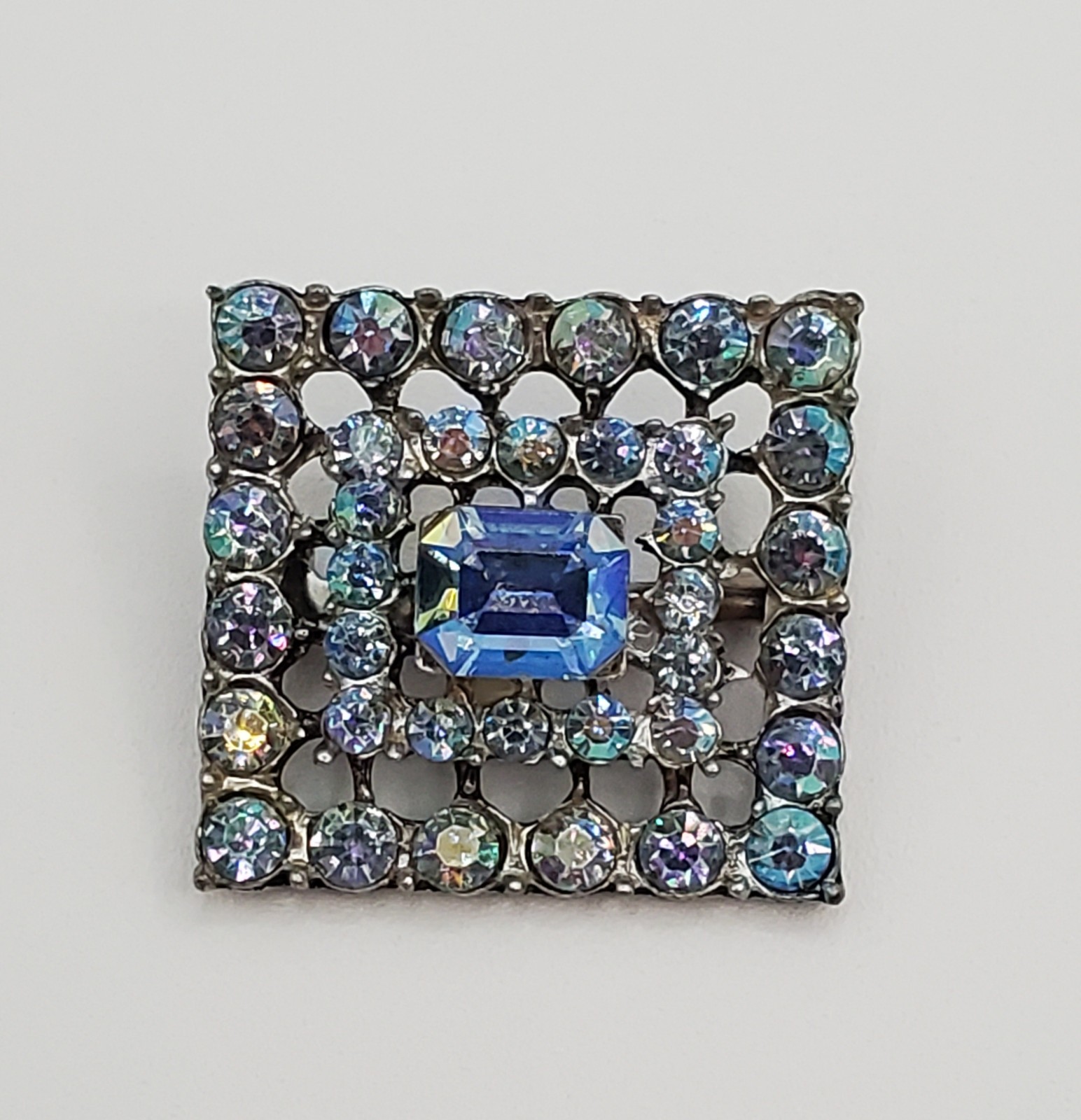 VTG Aurora Borealis Crystal Brooch 1in Square Silver Tone Blue Layered AB Pin