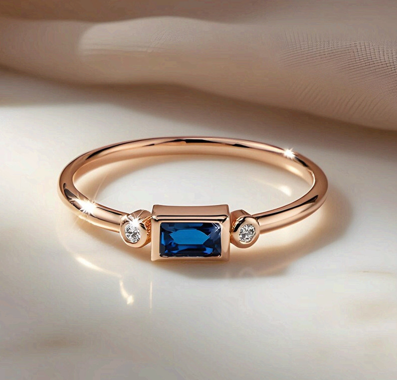 Rose Gold Copper Minimalist Ring Blue Cubic Zirconia Baguette Band