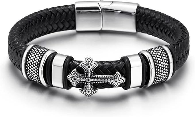 Men’s Cross Leather Bracelet Braided Christian Bangle Stainless Steel Jewelry