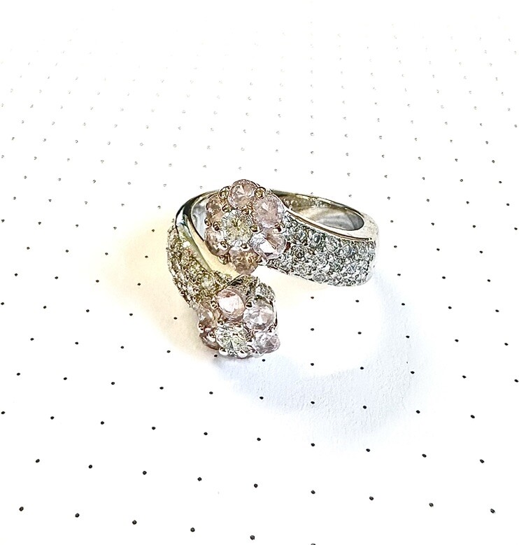 (SIZE 6,7,8,9) Open-Ended Pink CZs Double FLOWERS RING .925 STERLING SILVER
