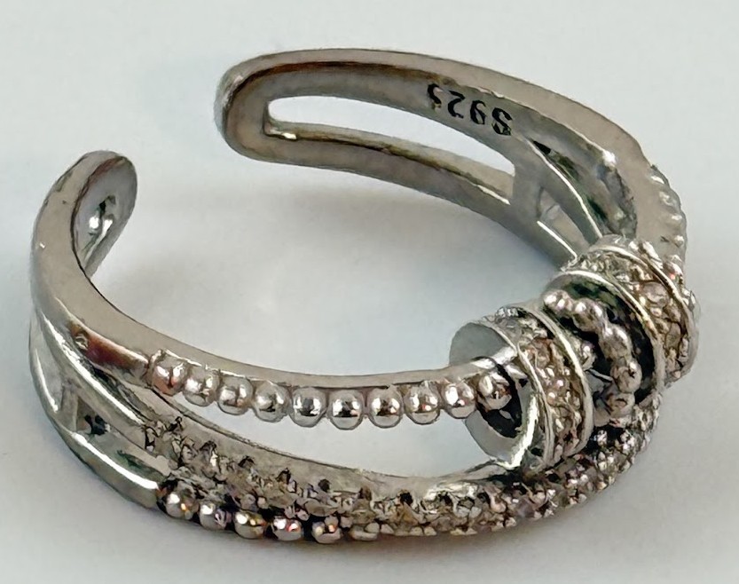 925 Sterling Silver Wrap Ring Open Cuff Beaded CZ Accent Band Adjustable Boho