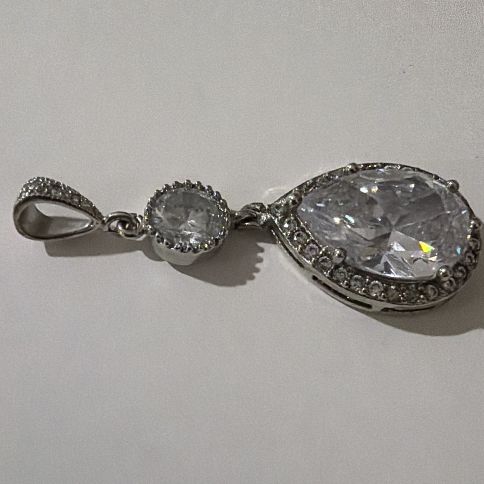 Silver Plated Clear Cubic Zirconia Teardrop Halo Charm Pendant, Pave Bail