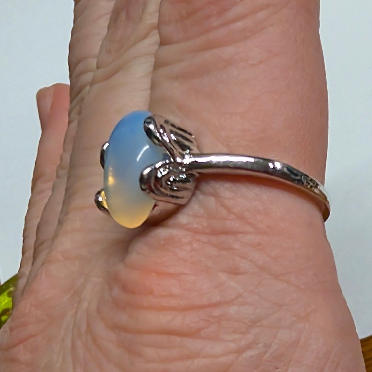 New Opalite Oval Cabochon Big Ring Plus Size 10.5 Blue SilverTone Statement Boho