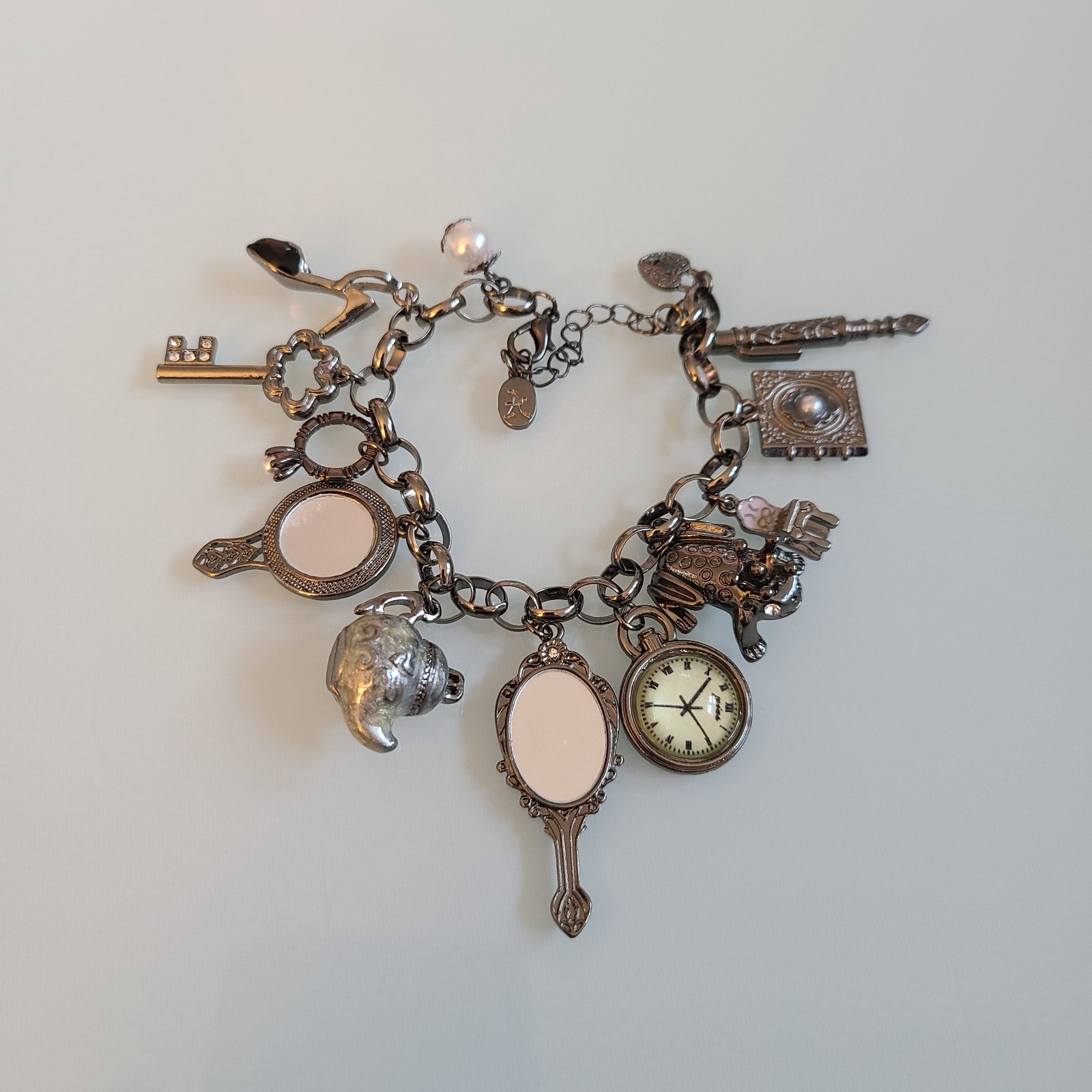 10″ Whimsical Fairytale Charm Bracelet Gunmetal Tone Teapot Frog Mirror Shoe Key