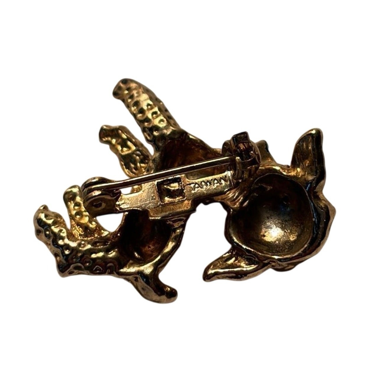 Vintage Taiwan Gold Tone Lamb Brooch Red Rhinestone Eyes Blue Bow