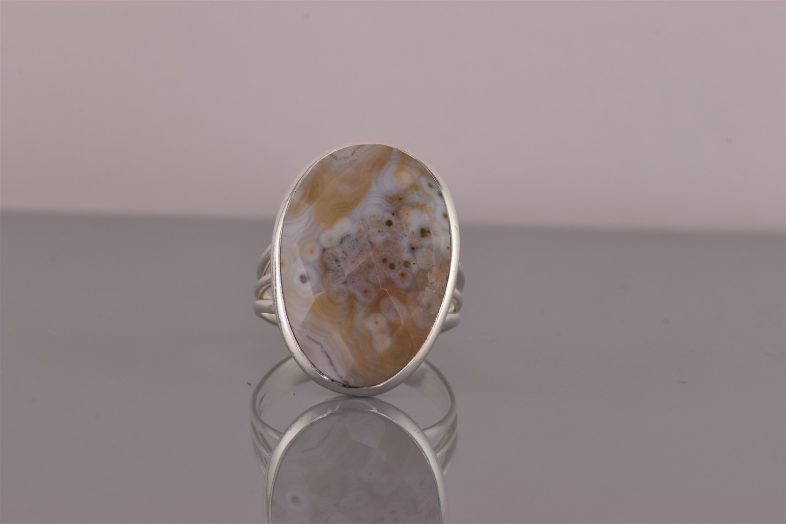 Sterling Silver 25mm Oval Faceted Brown Agate Triple Band Ring 925 Sz: 8