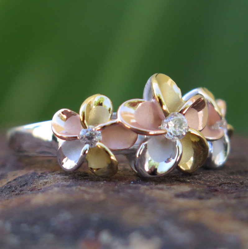 925K Silver Tri-color Gold Plumeria Flower CZ Wedding Ring Band 10mm #SR6078