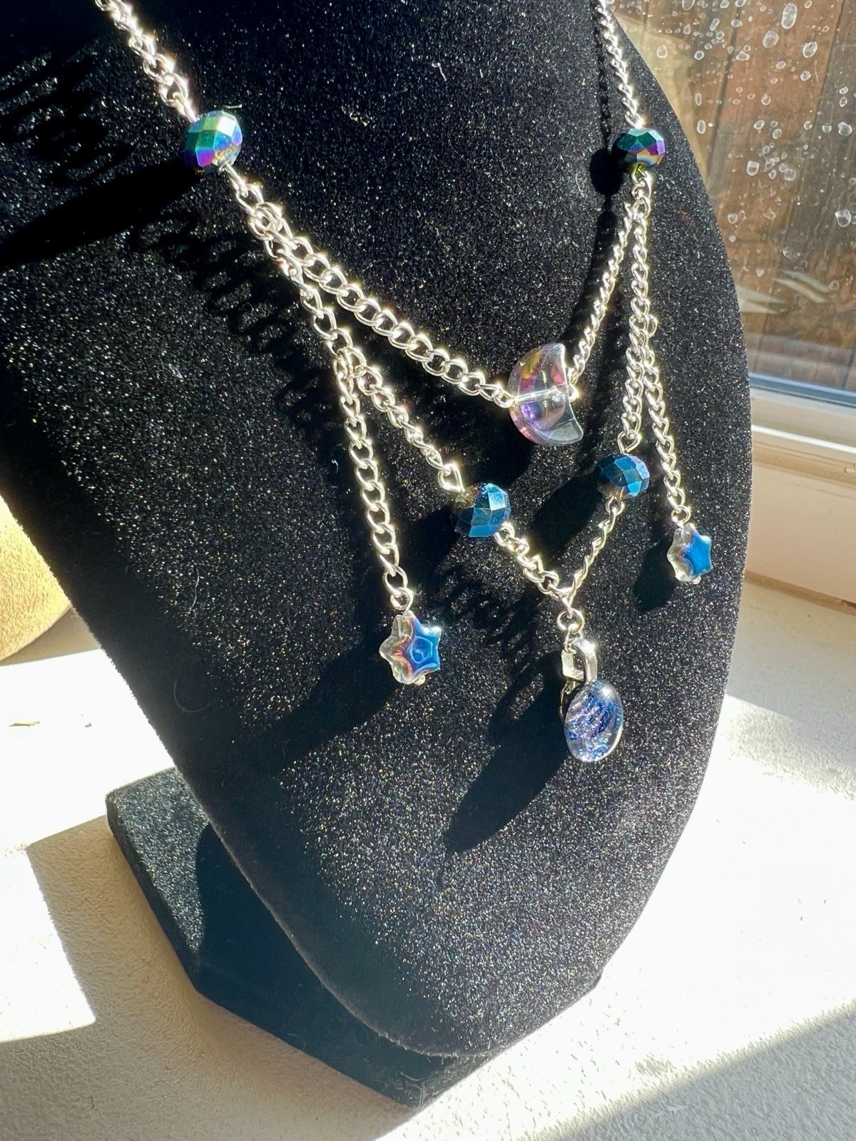 Blue Rainbow Galaxy Moon And Stars Necklace Handmade
