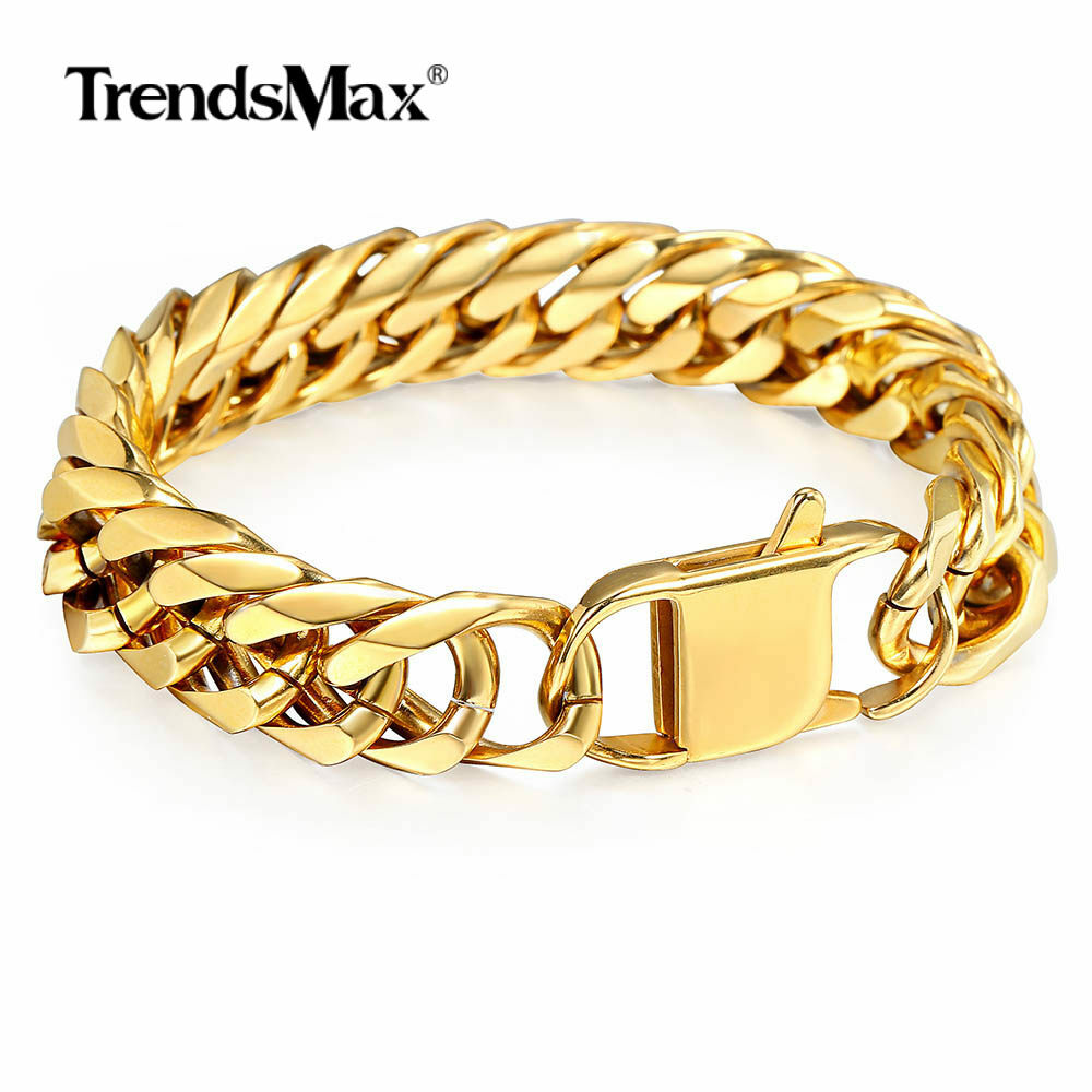 15mm 316L Stainless Steel Mens Chain Curb Cuban Link Bracelet Silver Gold Plated