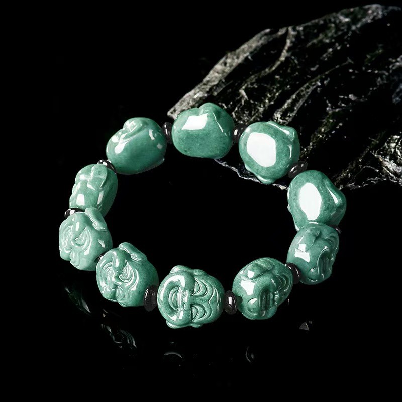 Certified Real Grade A Natural Jade Jadeite Carved Smile Buddha Beads Bracelet